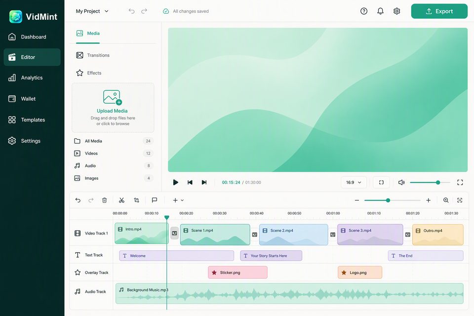 Editor web de VidMint en escritorio: edición de línea de tiempo de video corto en el navegador