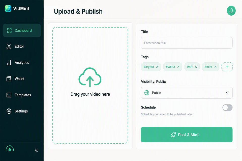 Página web de subida y publicación de VidMint para publicar videos cortos desde el escritorio