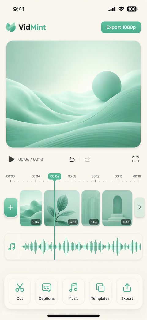 Línea de tiempo del editor de video con IA de VidMint con herramientas de edición de video corto de un toque