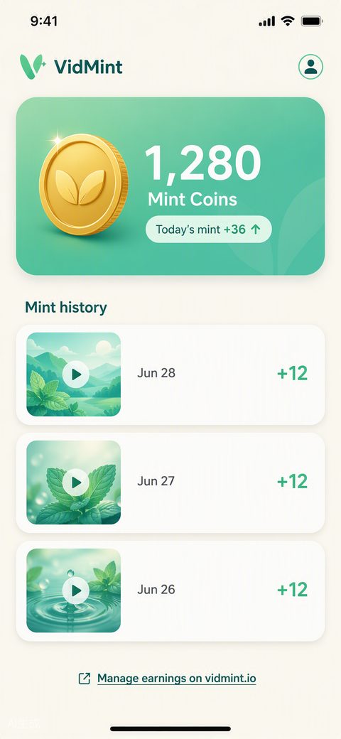 Billetera Mint Rewards de VidMint mostrando el saldo de monedas minteadas de un creador