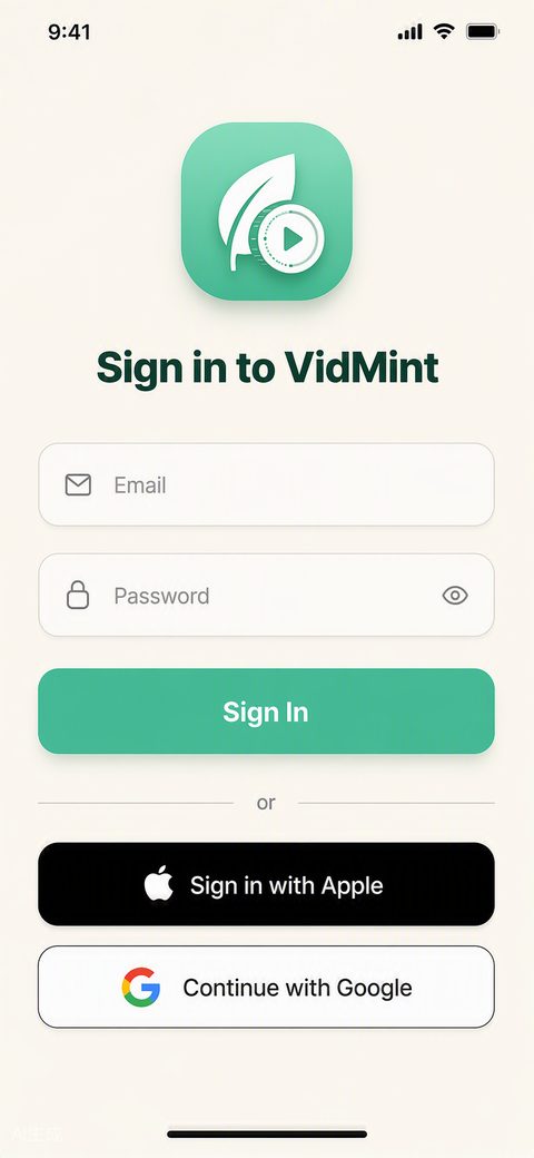 Pantalla de inicio de sesión de VidMint en iPhone